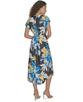Calvin Klein Women's Floral Tie-Waist High-Low Midi Dress