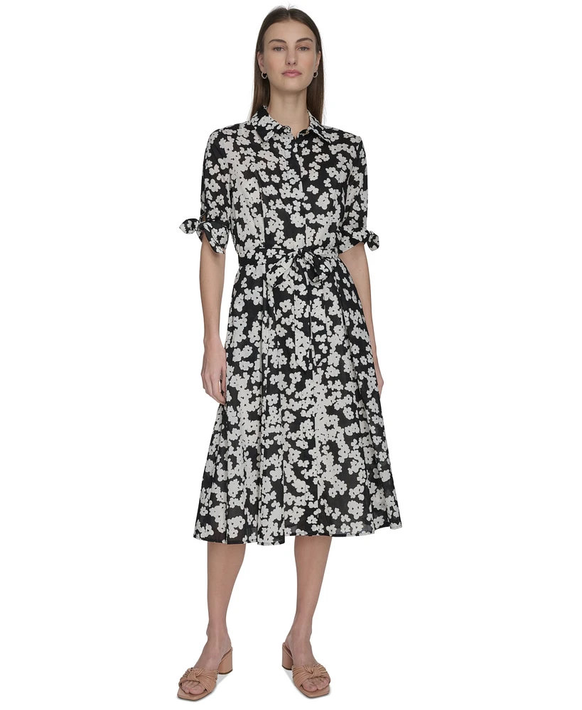 Calvin Klein Women's Cotton Floral Tie-Cuff Shirtdress