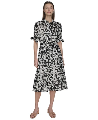 Calvin Klein Women's Cotton Floral Tie-Cuff Shirtdress