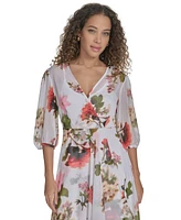 Calvin Klein Women's Floral Chiffon 3/4-Sleeve High-Low Dress