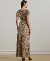 Lauren Ralph Women's Floral Belted Flutter-Sleeve Gown