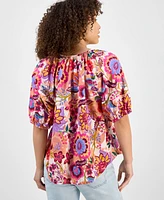Liverpool Los Angeles Petite Printed Button-Front Shirred Blouse
