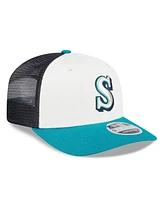 New Era Men's White/Aqua Seattle Mariners 2025 Batting Practice 9SEVENTY Stretch-Snap Trucker Hat