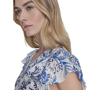 Eliza J Petite Floral Flutter-Sleeve Smocked-Waist Dress