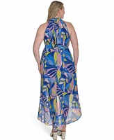 Eliza J Plus Printed Chiffon High-Low Halter Dress