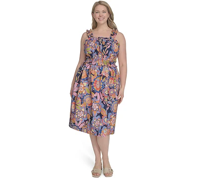 Eliza J Plus Cotton Floral Smocked-Waist Midi Dress