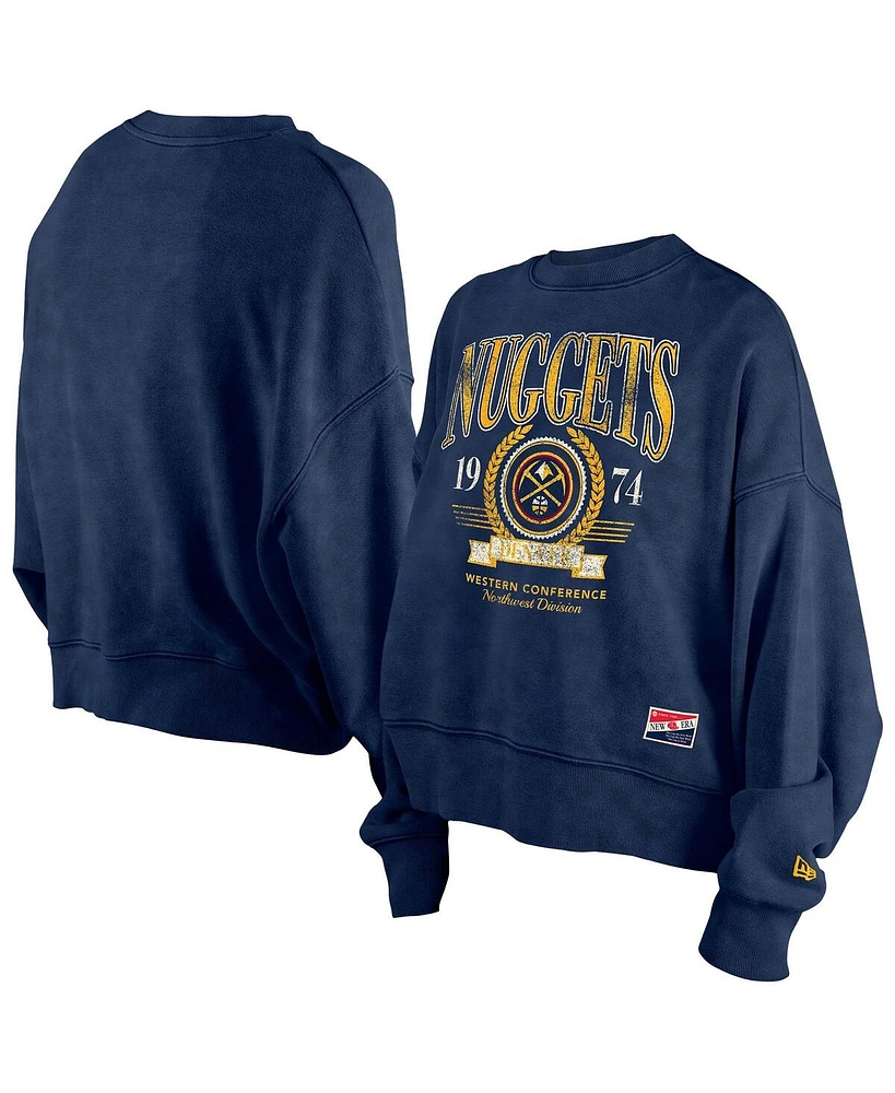 New Era Women's Navy Denver Nuggets Hardwood Classics Enzyme Wash Oversized Boxy Pullover Sweatshirt
