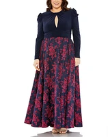Mac Duggal Plus Long Sleeve Keyhole Knot Neck Floral Bottom Gown