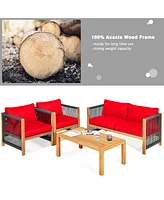 Gymax 8PCS Acacia Wood Outdoor Patio Furniture Conversation Set W/ Cushions