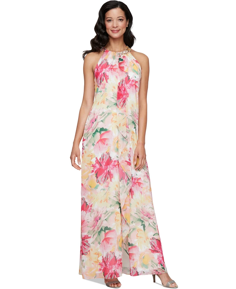Sl Fashions Petite Beaded Halter Ruffled Chiffon Gown