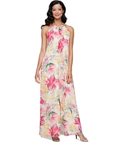 Sl Fashions Petite Beaded Halter Ruffled Chiffon Gown