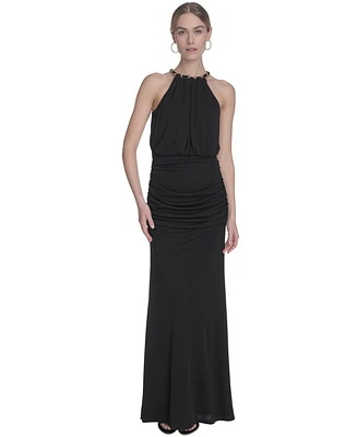 Eliza J Women's Chain-Link Halter Blouson Gown