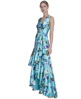 Eliza J Women's Floral-Print Satin Wrap-Style Gown