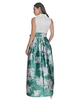 Jessica Howard Petite Mixed-Media V-Neck Pleated Gown