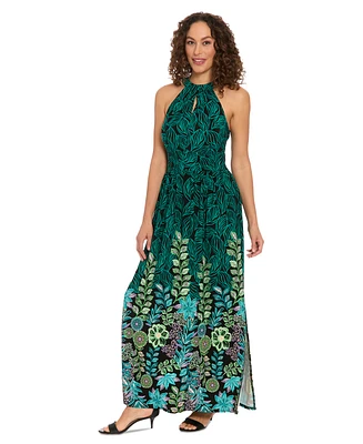 London Times Petite Placement-Print Halter Maxi Dress
