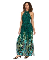 London Times Petite Placement-Print Halter Maxi Dress