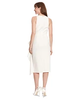 London Times Petite Surplice-Neck Side-Ruffle Midi Dress