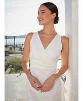 London Times Petite Surplice-Neck Side-Ruffle Midi Dress