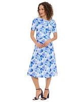 London Times Petite Floral-Print Bow-Neck Midi Dress