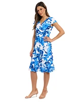 London Times Petite Floral Flutter-Sleeve Ruffle Dress