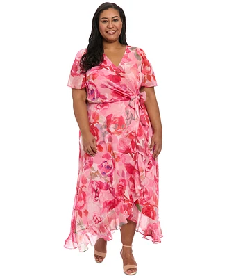 London Times Plus Floral Flutter-Sleeve Ruffle Dress