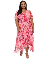 London Times Plus Floral Flutter-Sleeve Ruffle Dress