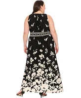 London Times Plus Placement- Print Keyhole Maxi Dress