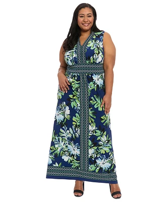London Times Plus Border-Print V-Neck Maxi Dress