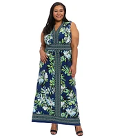 London Times Plus Border-Print V-Neck Maxi Dress