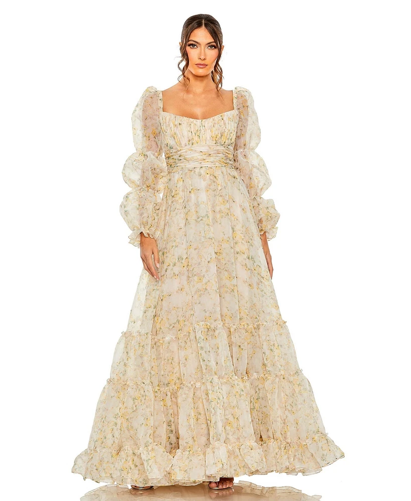 Mac Duggal Women's Sweetheart Balloon Sleeve Chiffon Tiered Gown