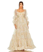 Mac Duggal Women's Sweetheart Balloon Sleeve Chiffon Tiered Gown
