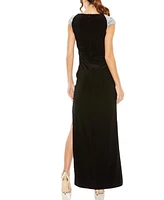Mac Duggal Women's V Neck Embellished Cap Sleeve Faux Wrap Slit Gown
