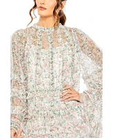 Mac Duggal Women's Floral Print Long Flare Sleeve Mesh A-Line Dress