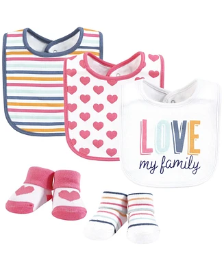 Hudson Baby Infant Girl Cotton Bib and Sock Set, Love Family, One Size