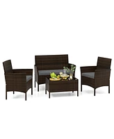Gymax 4 Pcs Outdoor Wicker Furniture Set Patio Rattan Conversation Set w/ Chair & Loveseat