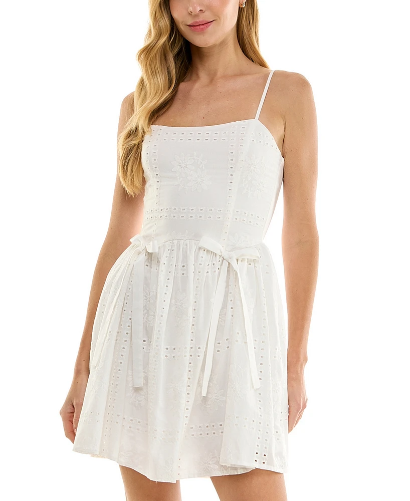 Juniors' Bow-Detail Eyelet Mini Dress