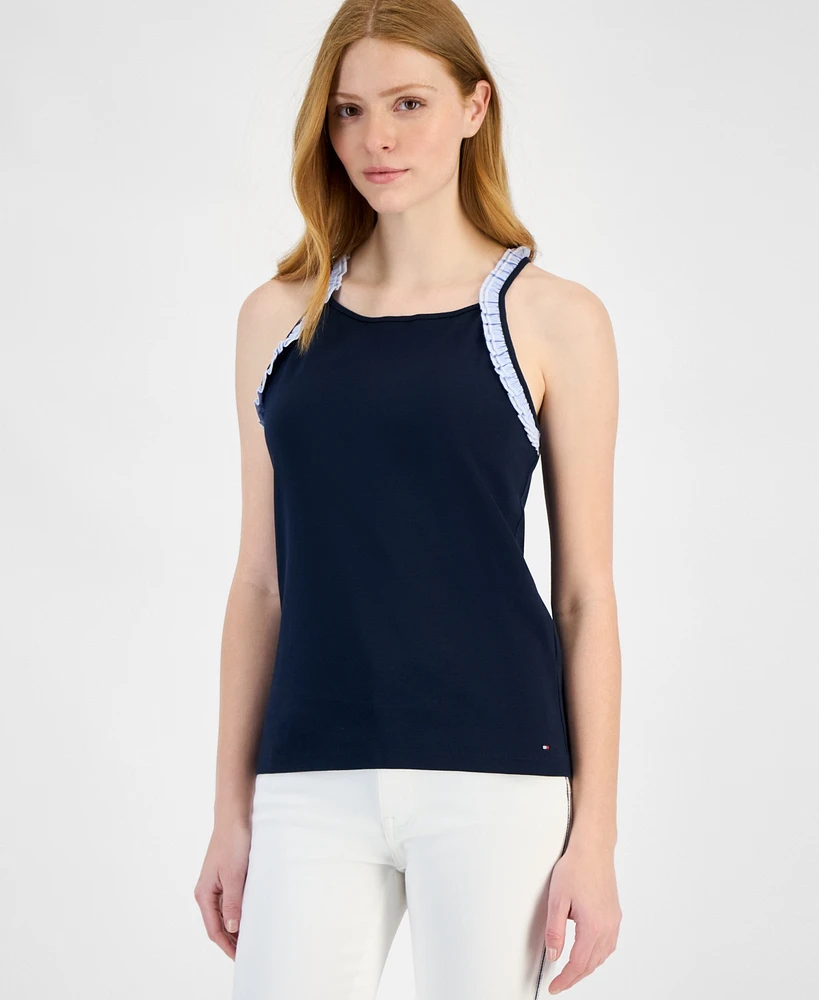 Tommy Hilfiger Women's High-Neck Ruffle-Trim Cotton Tank Top