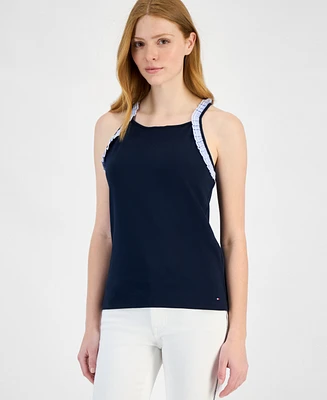 Tommy Hilfiger Women's High-Neck Ruffle-Trim Cotton Tank Top