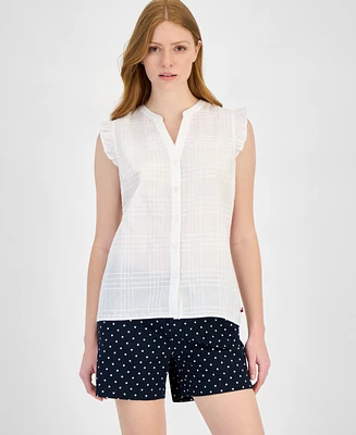 Tommy Hilfiger Women's Cotton Tonal-Plaid Ruffled-Sleeve Shirt