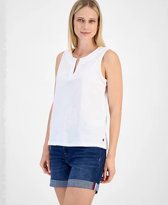 Nautica Jeans Women's Cotton Scalloped-Trim Sleeveless Top