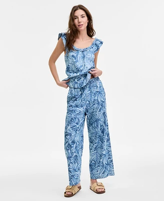 Nautica Jeans Women's Palm-Print Chambray Pull-On Pants