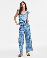 Nautica Jeans Women's Palm-Print Chambray Pull-On Pants