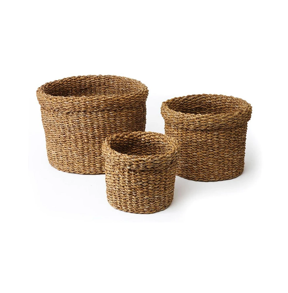 Seagrass Round Baskets With Cuffs, Set Of 3