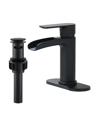 Elegant Single Hole Bathroom Faucet with Pop-Up Drain - Solid Brass Spout, Zinc Alloy Handle, Decorative Base Plate for 1 or 3-Hole Installation