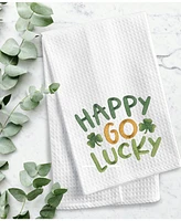 St. Patrick's Day "Happy Go Lucky" Shamrocks Waffle Weave Cotton Kitchen Dishtowel