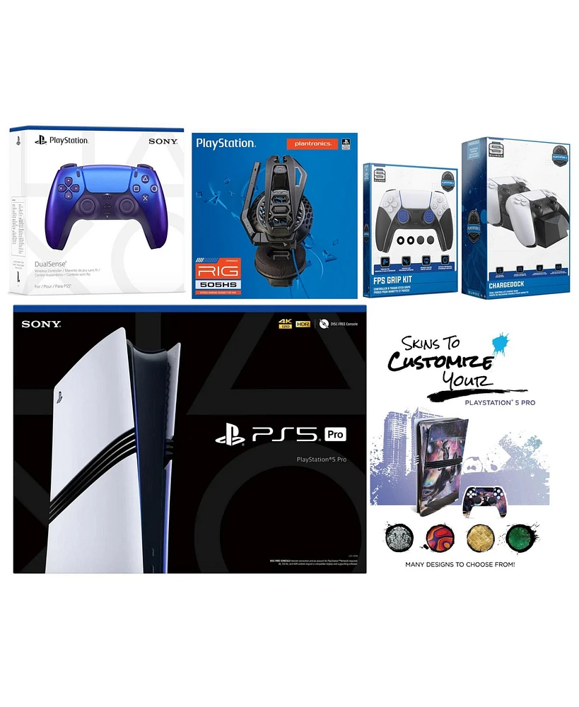 Sony Playstation 5 Pro Bundle with Extra Volcanic Red Controller, Plantronics Headset, Fps Grip Kit, Dual Charge Dock and MightySkins Decal Voucher Pl