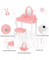 Kids Vanity Princess Makeup Dressing Table Stool Set with Mirror and Drawer