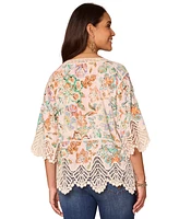 Democracy Petite Floral-Print Scalloped-Hem Crochet Top
