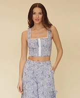 Avec Les Filles Women's Floral Print Lace-Trim Square-Neck Corset Top