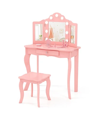 Kid Vanity Table Stool Set with Tri-Folding Mirror and 3-Color Led Lights